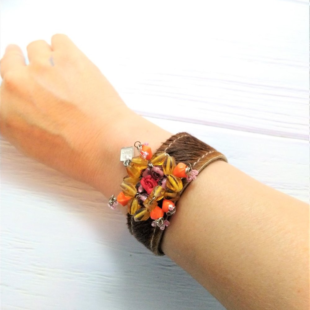 Brown Bead Bangle Faux Leather Bracelet New